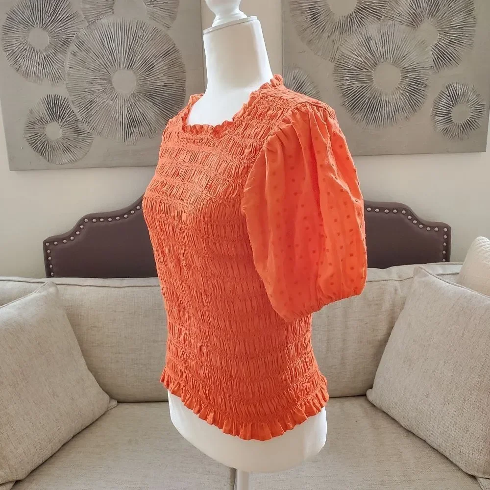 🦋 J.CREW 🦋 Puff-Sleeve Dot Textured Voile Smocked Top - [Small, Orange]